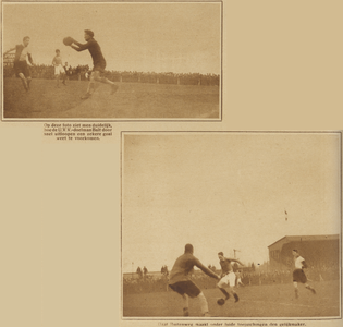 870985 Collage van 2 foto's betreffende de voetbalwedstrijd U.V.V. (Utrecht) en Feijenoord (Rotterdam) op het ...